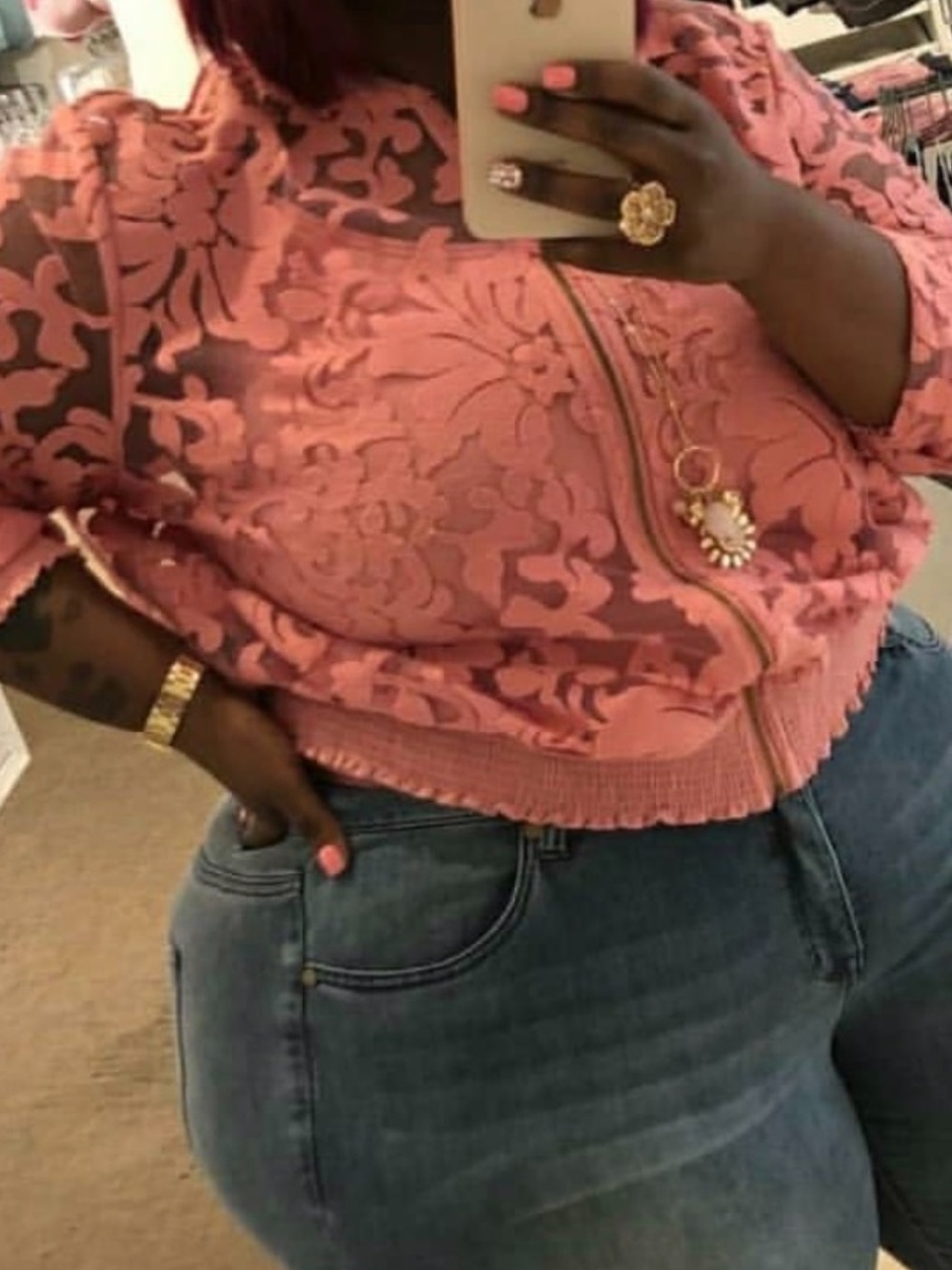 Lane Bryant Pink Floral Lace Zip-Front Top